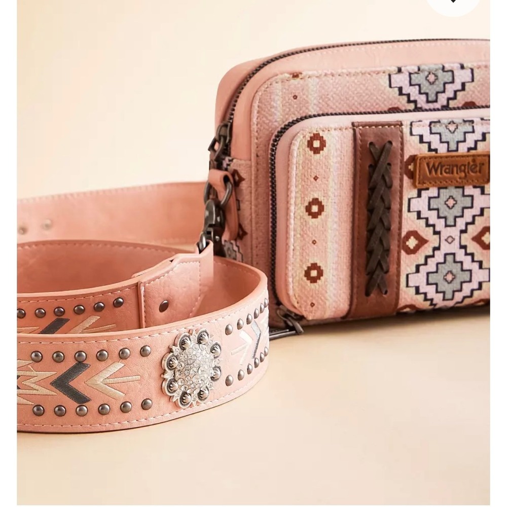 Wrangler Crossbody Bag Women  Pink Aztec Canvas PU Leather Western Organizer New - Picture 6 of 8